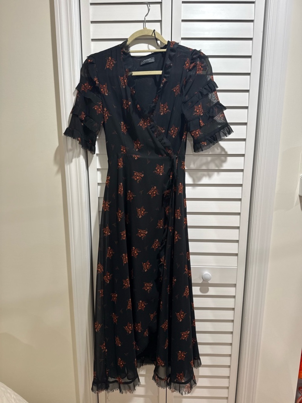 Zara Black Midi Wrap Dress with Floral Print